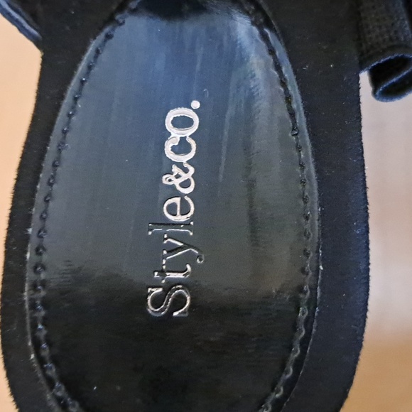 Sz 6 fits 6.5" 'Style & Co' black patent wedge heel 2.5" open toe sandals - Picture 5 of 6